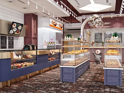 Cozy Dessert Shop Interior With Glass Display Cases Fresh Pastries And Warm Lighting 3d model