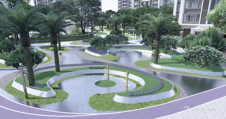 Residential Landscape Design With Curved Paths Water Features And Lush Greenery 3d model 