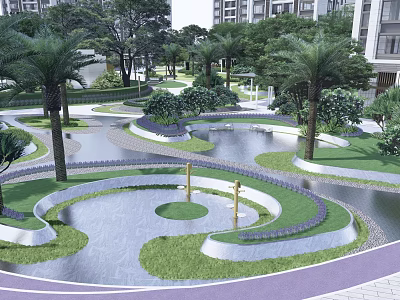 Residential Landscape Design With Curved Paths Water Features And Lush Greenery 3d model