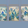 Three Panel Chinese Landscape Paintings With Blue Mountains Water Pine Trees In Golden Frames 3d model
