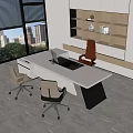 Modern Office Desk With White Surface Black Mat Computer Chairs Bookshelf And City View
