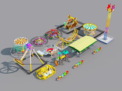 Colorful Amusement Park Rides Including Ferris Wheel Carousel Roller Coaster Swings Mini Train And Tower 3d model