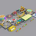 Colorful Amusement Park Rides Including Ferris Wheel Carousel Roller Coaster Swings Mini Train And Tower
