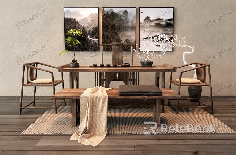 Tea Table and Chair Bench Leisure Chair Vase Ornaments Carpet Fern Potted Plant Decorative Painting Hanging Painting model