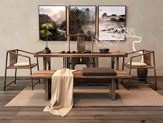 Tea Table and Chair Bench Leisure Chair Vase Ornaments Carpet Fern Potted Plant Decorative Painting Hanging Painting 3d model