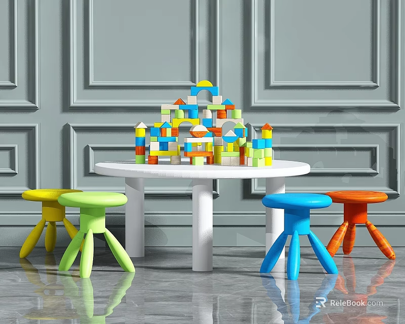 White Kids Table with Four Colorful Stools and Colorful Building Blocks for Children's Play 3d model 