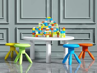 White Kids Table with Four Colorful Stools and Colorful Building Blocks for Children's Play 3d model