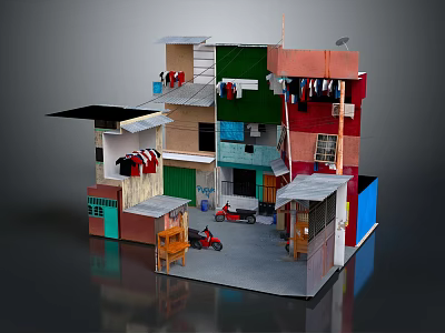 Cartoon Scene Featuring Colorful Multi Story Buildings With Hanging Clothes Motorcycle And Small Table 3d model