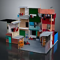 Cartoon Scene Featuring Colorful Multi Story Buildings With Hanging Clothes Motorcycle And Small Table