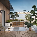 Modern Stylish Roof Garden With Wooden Deck Sofa Plants Umbrella And Outdoor Lighting