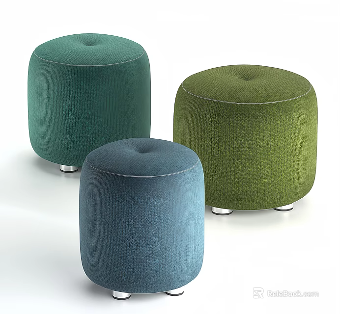Three Colorful Upholstered Ottomans in Dark Green Light Green and Blue with Silver Metal Legs 3d model 