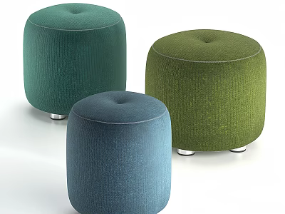 Three Colorful Upholstered Ottomans in Dark Green Light Green and Blue with Silver Metal Legs 3d model