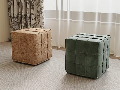 Two Square Stools Brown Woven and Green Velvet with Grid Stitch Design on Carpeted Floor 3d model