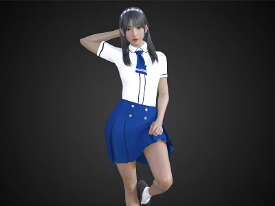 Woman In White Top And Blue Skirt With Long Black Hair Posing Against Black Background 3d model