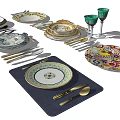 Decorative Tableware Set With Patterned Plates Bowls Green Glasses And Cutlery 3d model