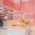 Pink Dessert Shop Interior With Glass Display Cases Fresh Pastries And Staff Working Near Ovens