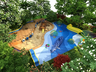 Playground With Green Trees Wooden Platform Yellow Slide Blue Area Leopard Figure And Decorations 3d model