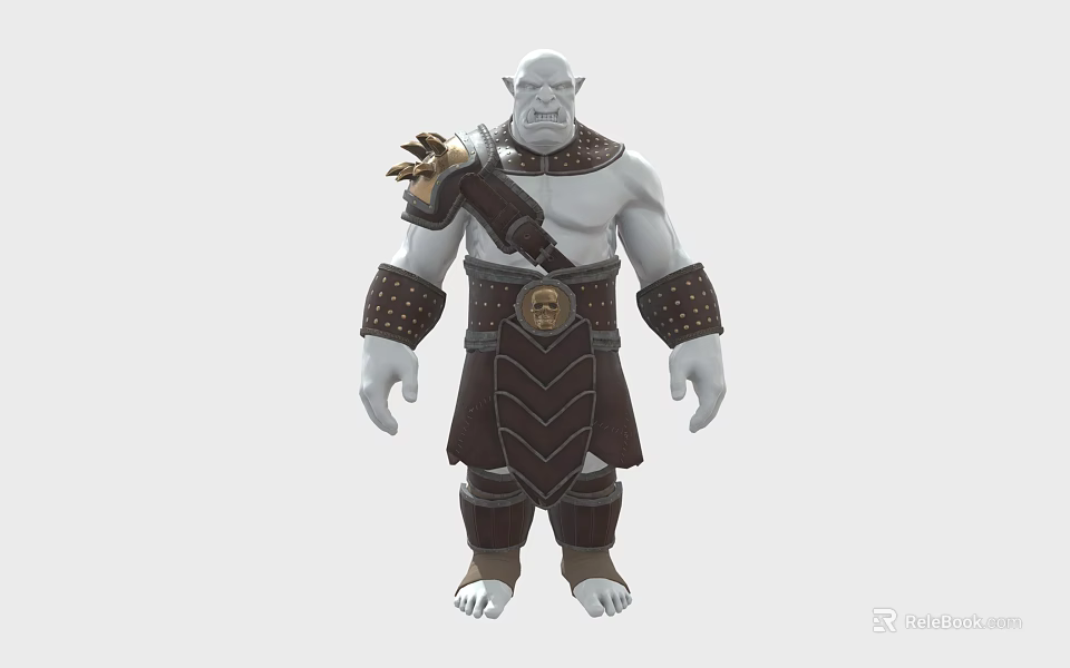 Orc Warrior Spiked Gauntlet Weapon With Brown Armored Outfit And Gold Accents 3d model 