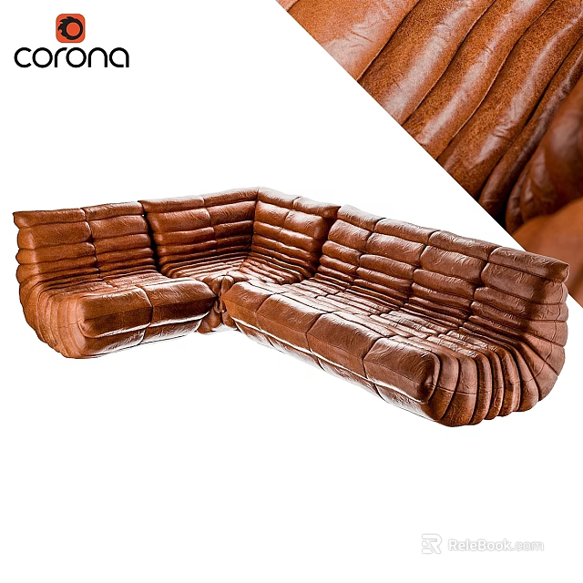 Brown Leather L-shaped Sofa Set with Pleated Design and Retro Style 3d model 