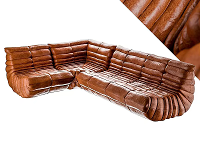 Brown Leather L-shaped Sofa Set with Pleated Design and Retro Style 3d model