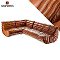 Brown Leather L-shaped Sofa Set with Pleated Design and Retro Style