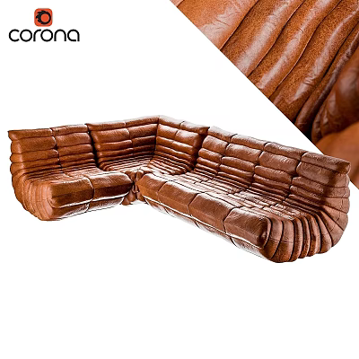 Brown Leather L-shaped Sofa Set with Pleated Design and Retro Style 3d model