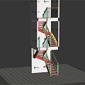 Wooden Stairs Connecting White Cubes With Black Patterns On Sides And Gray Grid Platform