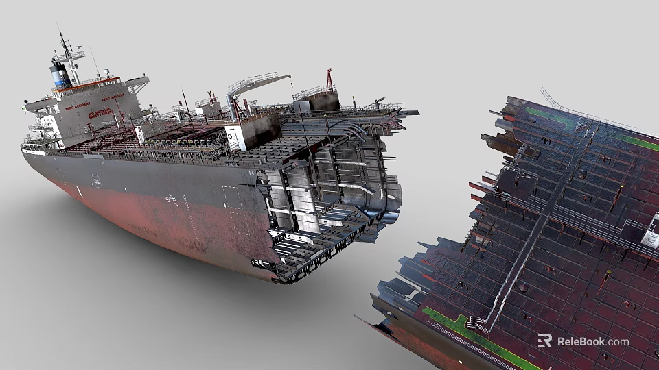 Close Up View of Dismantled Ship Revealing Internal Structure and Rusted Hull 3d model 