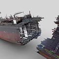 Close Up View of Dismantled Ship Revealing Internal Structure and Rusted Hull