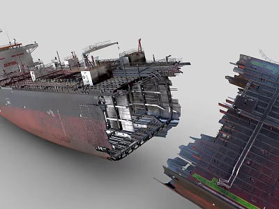 Close Up View of Dismantled Ship Revealing Internal Structure and Rusted Hull 3d model