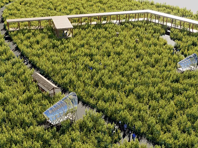Lush Green Forest Landscape With Wooden Platform Glass Structures And People Walking 3d model