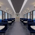 Modern Train Interior Seating Area With Blue Upholstered Seats White Tables And Windows 3d model