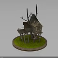 Elevated Wooden Tree House Structure With Ladder Platform Thatched Roof And Grass Base