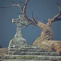 Desolate Hill Scene With Dead Tree Stone Cross And Stone Monuments