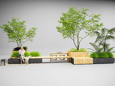 Wooden Outdoor Bench With Lush Green Trees And Plants In Outdoor Space 3d model