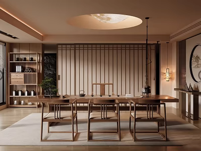 Japanese Style Teahouse With Wooden Tables Chairs Sliding Screen Round Ceiling Light And Tea Sets 3d model