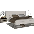 Modern Cozy Double Bed With Upholstered Headboard Bedside Table And Carpet