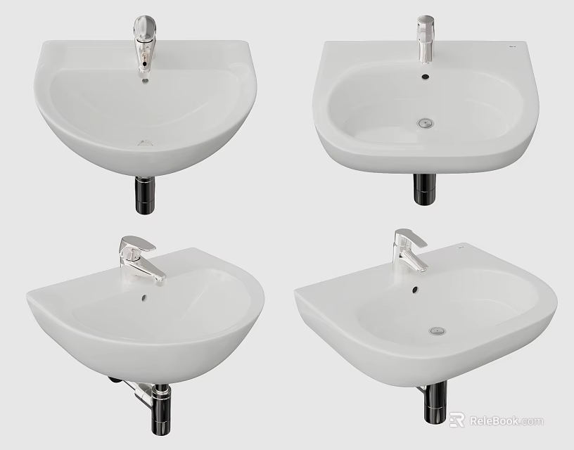 Different Shaped White Wall Mounted Wash Basins With Faucets For Bathroom 3d model 
