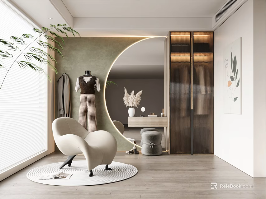 Modern Walk-in Closet Interior With Round Mirror Stylish Chair And Plant 3d model 