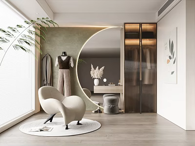 Modern Walk-in Closet Interior With Round Mirror Stylish Chair And Plant 3d model