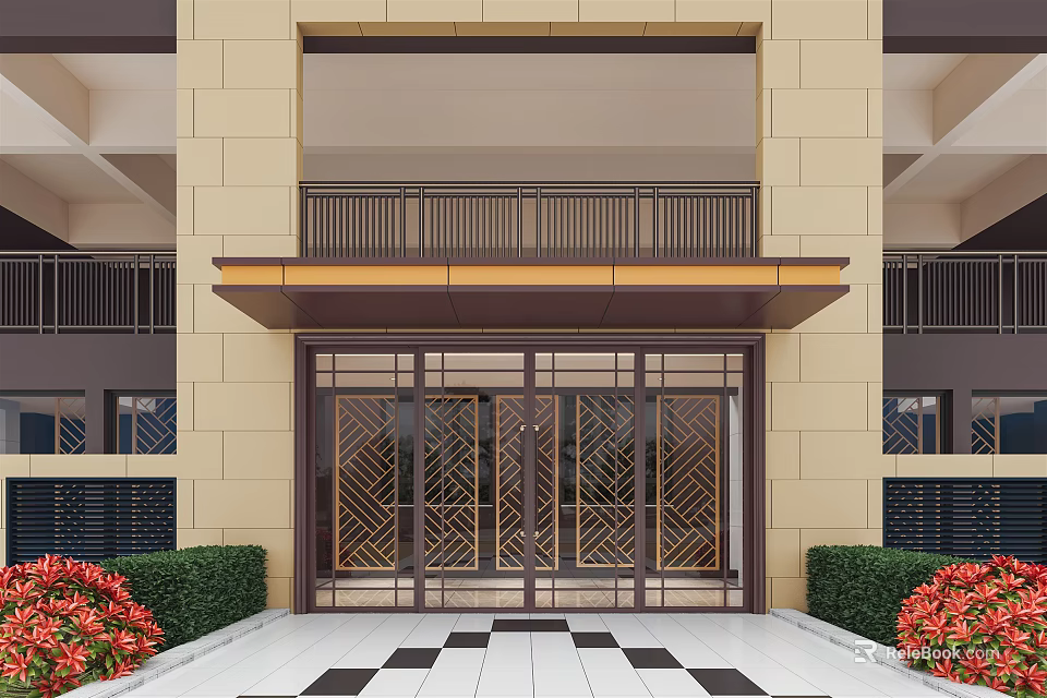 Building Facade Featuring Beige Stone Glass Door Canopy Geometric Pattern Green Shrubs And Red Flowers 3d model 