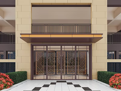 Building Facade Featuring Beige Stone Glass Door Canopy Geometric Pattern Green Shrubs And Red Flowers 3d model