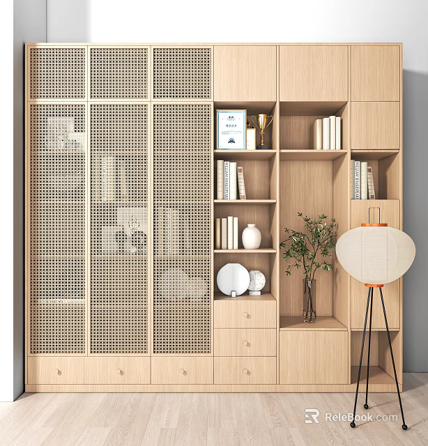 Elegant Modern Wooden Bookcase Interior With Storage Shelves Decorative Vase Plant And Floor Lantern 3d model 
