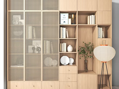 Elegant Modern Wooden Bookcase Interior With Storage Shelves Decorative Vase Plant And Floor Lantern 3d model