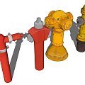 Multiple Red And Yellow Fire Hydrants With Various Designs On 3d model
