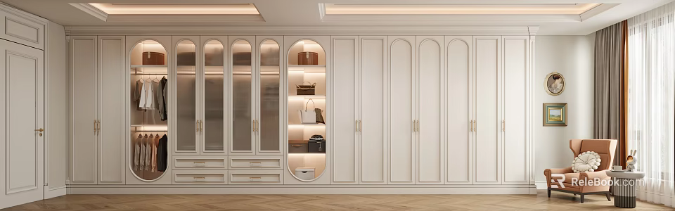 Elegant Walk in Closet with White Cabinets Glass Doors Gold Handles and Built in Shelves 3d model 