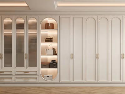 Elegant Walk in Closet with White Cabinets Glass Doors Gold Handles and Built in Shelves 3d model