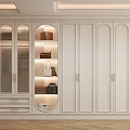 Elegant Walk in Closet with White Cabinets Glass Doors Gold Handles and Built in Shelves