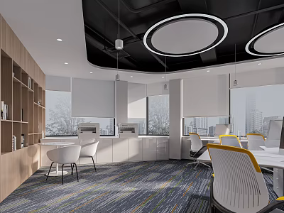 Modern Public Office Space Interior Design With Open Layout Desks Chairs And Windows 3d model