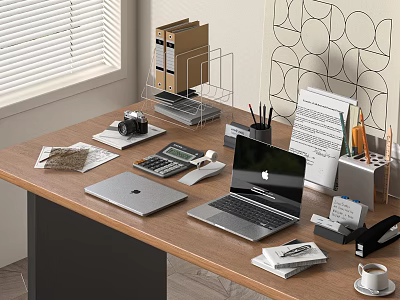 Efficient Office Desk Workspace With Laptop Tablet Camera Calculator Documents And Stationery 3d model